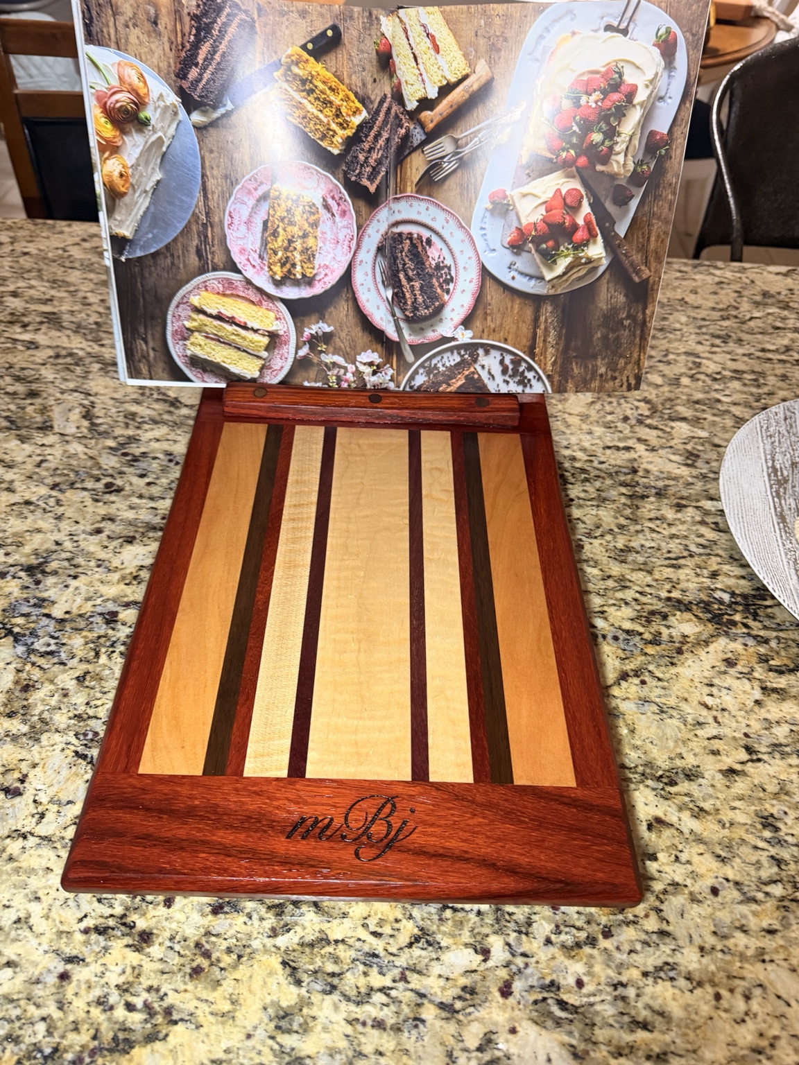 Handcrafted wooden recipe stand with engraved initials
